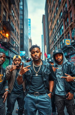 A dynamic urban scene capturing the essence of Chicago drill music culture, featuring a group of young men in stylish streetwear hanging out in O'Block