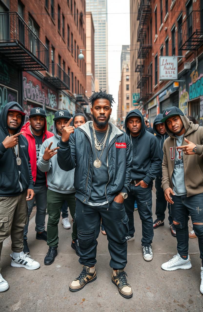 A dynamic urban scene capturing the essence of Chicago drill music culture, featuring a group of young men in stylish streetwear hanging out in O'Block