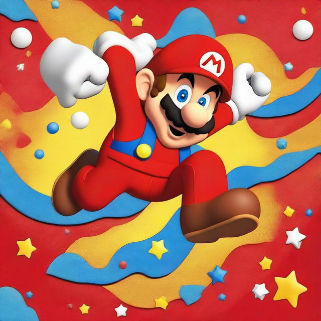 Vibrant image of Super Mario in his traditional red outfit and cap, jumping in mid-air with a bright and cheerful background.