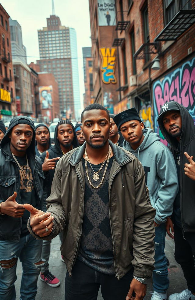 A dynamic urban scene capturing the essence of Chicago drill music culture, featuring a group of young men in stylish streetwear hanging out in O'Block