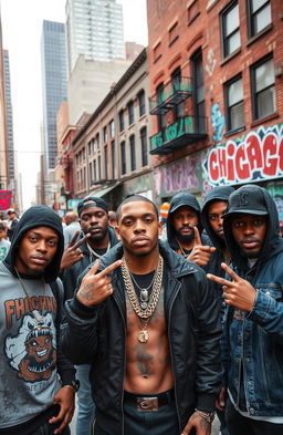 A dynamic urban scene capturing the essence of Chicago drill music culture, featuring a group of young men in stylish streetwear hanging out in O'Block