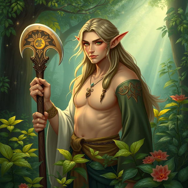 A male half-elf druid surrounded by lush, vibrant plants, symbolizing his love and dedication to nature and helping others