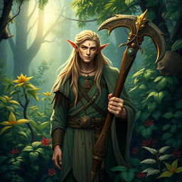 A male half-elf druid surrounded by lush, vibrant plants, symbolizing his love and dedication to nature and helping others
