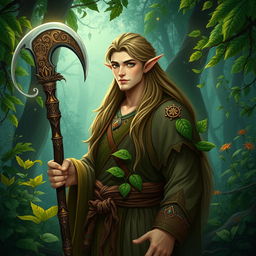 A male half-elf druid surrounded by lush, vibrant plants, symbolizing his love and dedication to nature and helping others