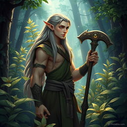 A male half-elf druid surrounded by lush, vibrant plants, symbolizing his love and dedication to nature and helping others