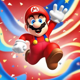 Vibrant image of Super Mario in his traditional red outfit and cap, jumping in mid-air with a bright and cheerful background.