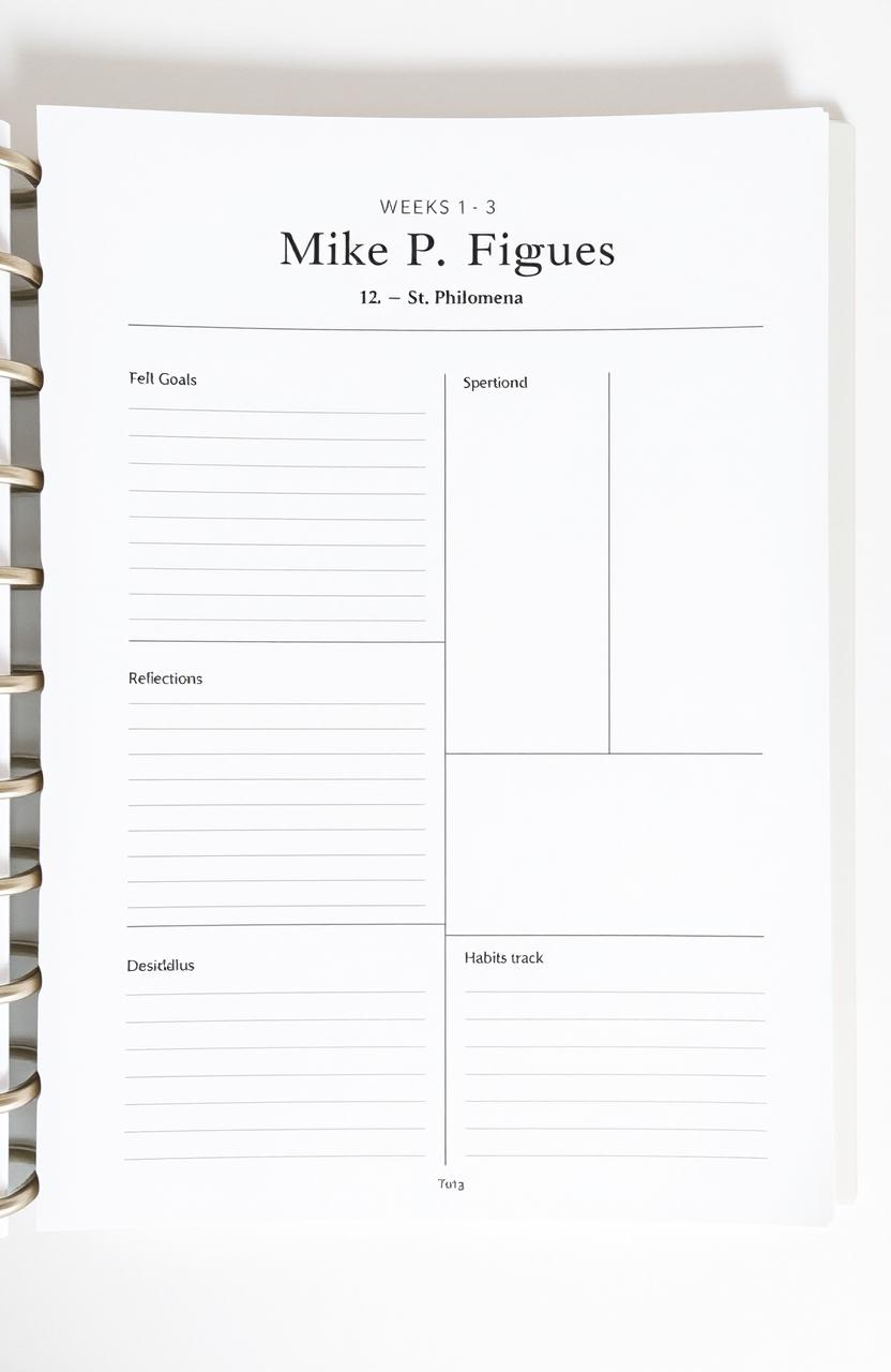 A minimalist personal development planner layout for weeks 1 to 3, featuring a clean and simple design