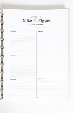 A minimalist personal development planner layout for weeks 1 to 3, featuring a clean and simple design