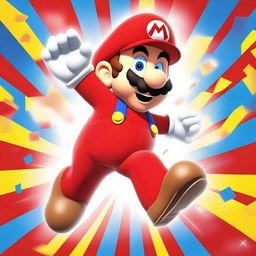 Vibrant image of Super Mario in his traditional red outfit and cap, jumping in mid-air with a bright and cheerful background.