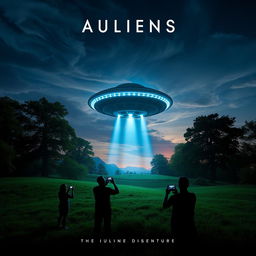 A dramatic and cinematic movie poster depicting an alien spaceship landing on a lush, green Earth-like landscape
