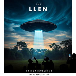 A dramatic and cinematic movie poster depicting an alien spaceship landing on a lush, green Earth-like landscape