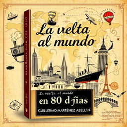 Book cover design for 'La vuelta al mundo en 80 días' featuring elements that contrast both modern and antique styles