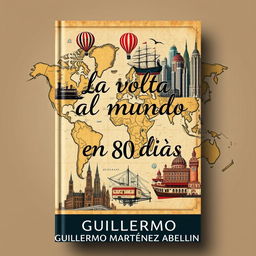 Book cover design for 'La vuelta al mundo en 80 días' featuring elements that contrast both modern and antique styles