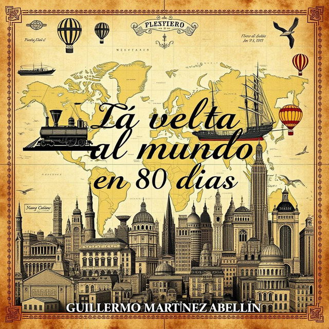 Book cover design for 'La vuelta al mundo en 80 días' featuring elements that contrast both modern and antique styles