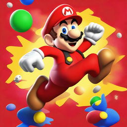 Vibrant image of Super Mario in his traditional red outfit and cap, jumping in mid-air with a bright and cheerful background.