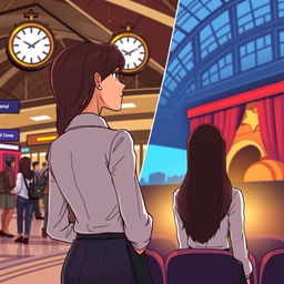 A cartoon image of a woman with long, elegant hair, wearing a neat and stylish formal blouse, standing at a bustling train station
