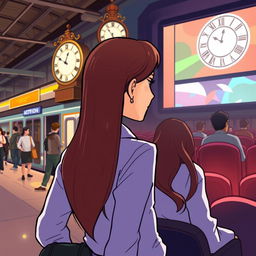 A cartoon image of a woman with long, elegant hair, wearing a neat and stylish formal blouse, standing at a bustling train station