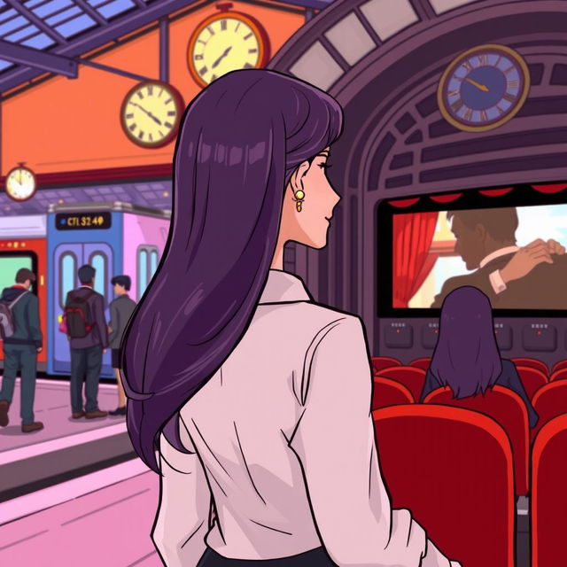 A cartoon image of a woman with long, elegant hair, wearing a neat and stylish formal blouse, standing at a bustling train station