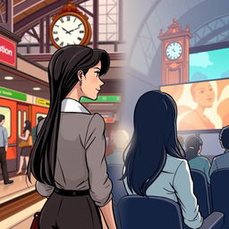 A cartoon image of a woman with long, elegant hair, wearing a neat and stylish formal blouse, standing at a bustling train station