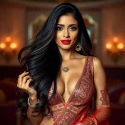 A stunning tall Indian woman with long, flowing dark hair, elegantly dressed in traditional yet revealing attire, showcasing intricate patterns and vibrant colors