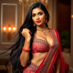 A stunning tall Indian woman with long, flowing dark hair, elegantly dressed in traditional yet revealing attire, showcasing intricate patterns and vibrant colors