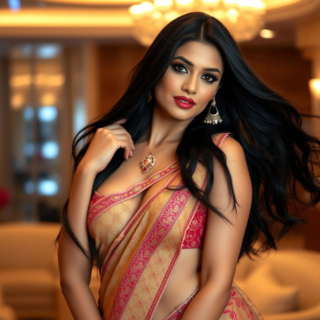 A stunning tall Indian woman with long, flowing dark hair, elegantly dressed in traditional yet revealing attire, showcasing intricate patterns and vibrant colors