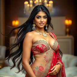 A stunning tall Indian woman with long, flowing dark hair, elegantly dressed in traditional yet revealing attire, showcasing intricate patterns and vibrant colors