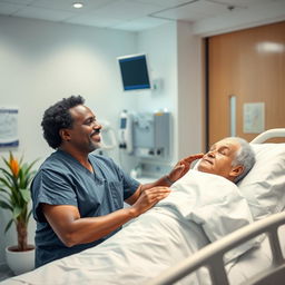 A scene in a modern hospital setting, featuring a caring black female nurse attending to a white middle-aged man who has short dark wavy hair