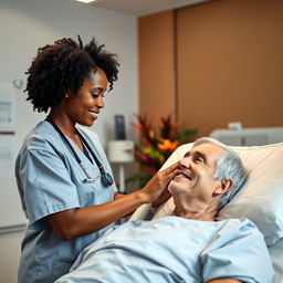 A scene in a modern hospital setting, featuring a caring black female nurse attending to a white middle-aged man who has short dark wavy hair