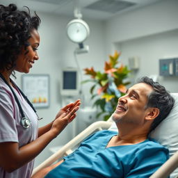 A scene in a modern hospital setting, featuring a caring black female nurse attending to a white middle-aged man who has short dark wavy hair