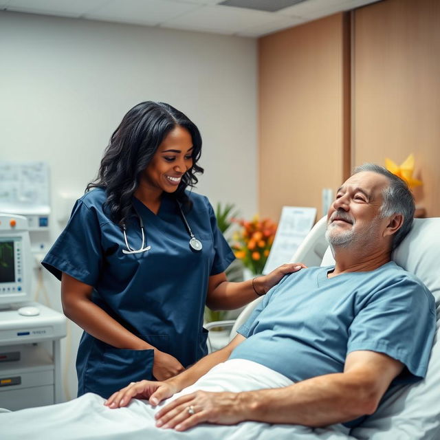 A scene in a modern hospital setting, featuring a caring black female nurse attending to a white middle-aged man who has short dark wavy hair