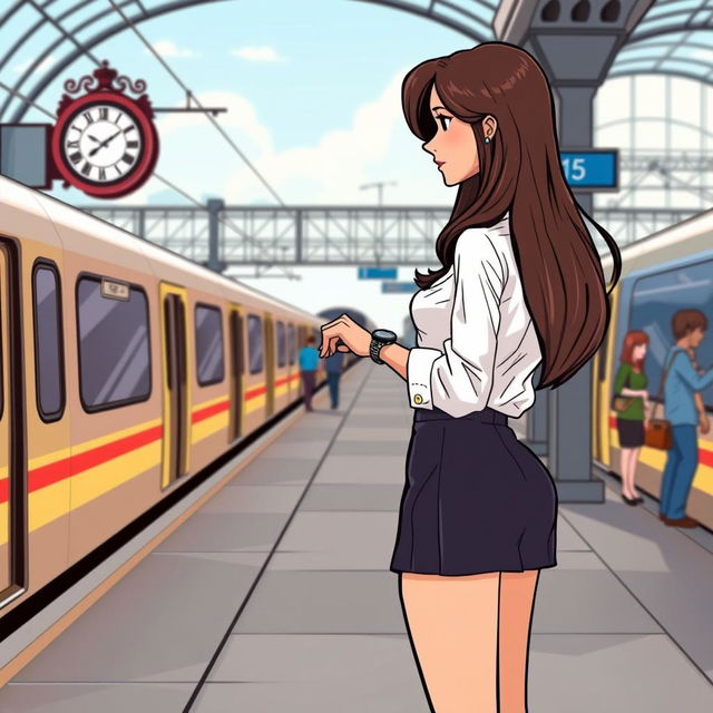 A cartoon image of a long-haired woman wearing a neat formal blouse and a stylish short, knee-length skirt, seen from the side as she stands alone at a bustling train station