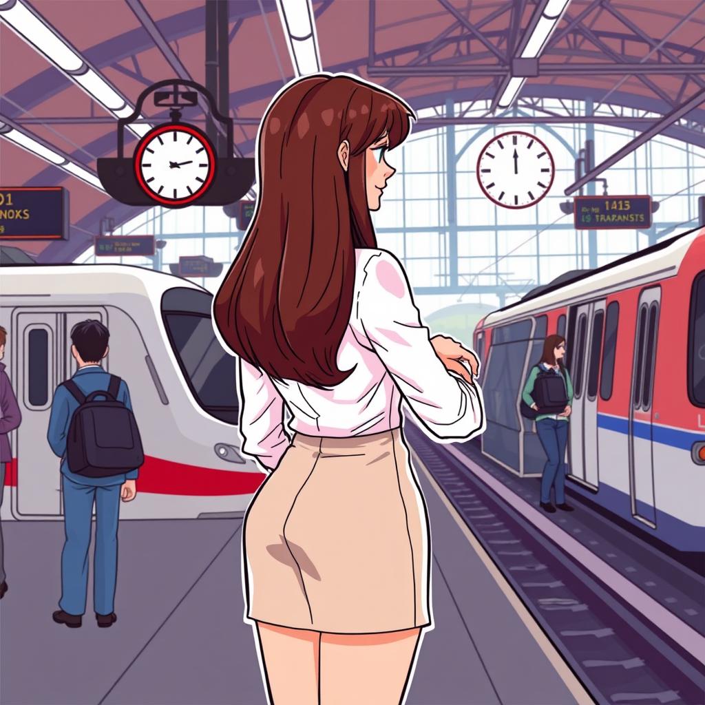 A cartoon image of a long-haired woman wearing a neat formal blouse and a stylish short, knee-length skirt, seen from the side as she stands alone at a bustling train station