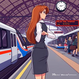 A cartoon image of a long-haired woman wearing a neat formal blouse and a stylish short, knee-length skirt, seen from the side as she stands alone at a bustling train station