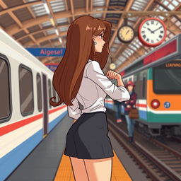 A cartoon image of a long-haired woman wearing a neat formal blouse and a stylish short, knee-length skirt, seen from the side as she stands alone at a bustling train station