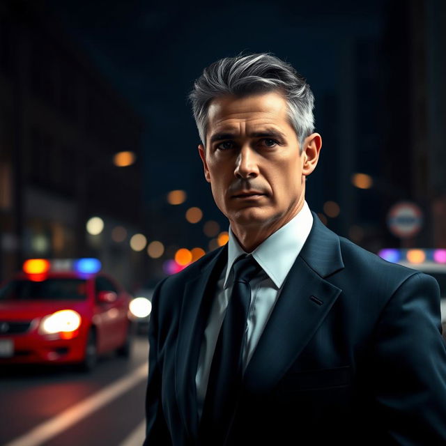 A handsome dark-haired middle-aged police inspector, wearing a well-tailored navy blue suit with a crisp white shirt and a black tie