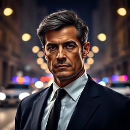 A handsome dark-haired middle-aged police inspector, wearing a well-tailored navy blue suit with a crisp white shirt and a black tie