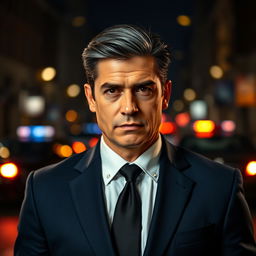 A handsome dark-haired middle-aged police inspector, wearing a well-tailored navy blue suit with a crisp white shirt and a black tie