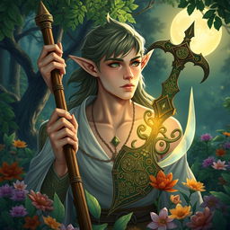 A male half-elf druid immersed in a lush garden, symbolizing his deep love for plants and dedication to helping others
