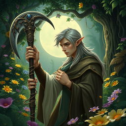 A male half-elf druid immersed in a lush garden, symbolizing his deep love for plants and dedication to helping others