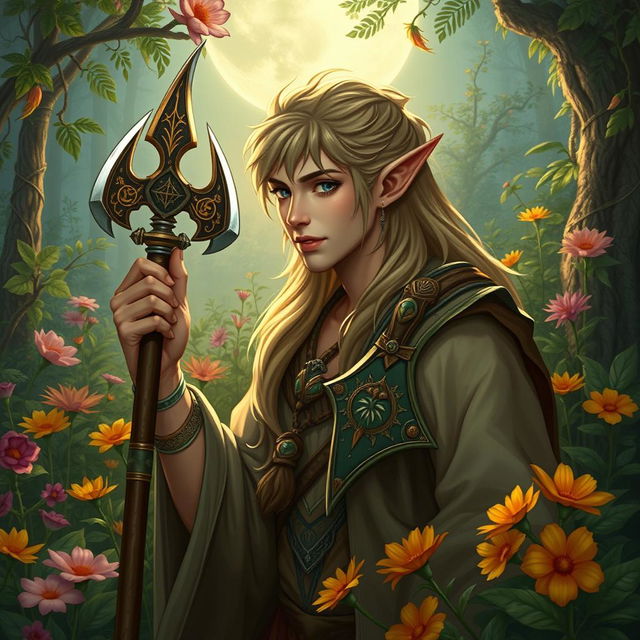 A male half-elf druid immersed in a lush garden, symbolizing his deep love for plants and dedication to helping others