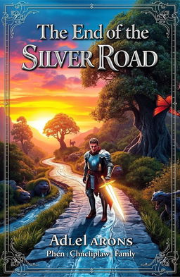 A captivating book cover for "The End of the Silver Road", depicting a fantastical landscape with shimmering silver pathways winding through a lush, enchanted forest