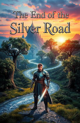 A captivating book cover for "The End of the Silver Road", depicting a fantastical landscape with shimmering silver pathways winding through a lush, enchanted forest