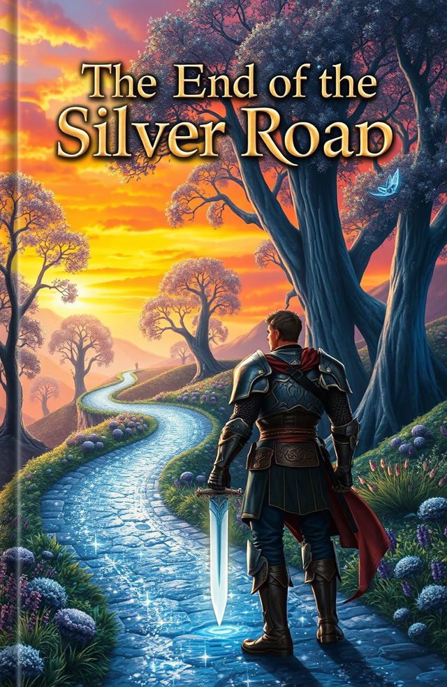 A captivating book cover for "The End of the Silver Road", depicting a fantastical landscape with shimmering silver pathways winding through a lush, enchanted forest