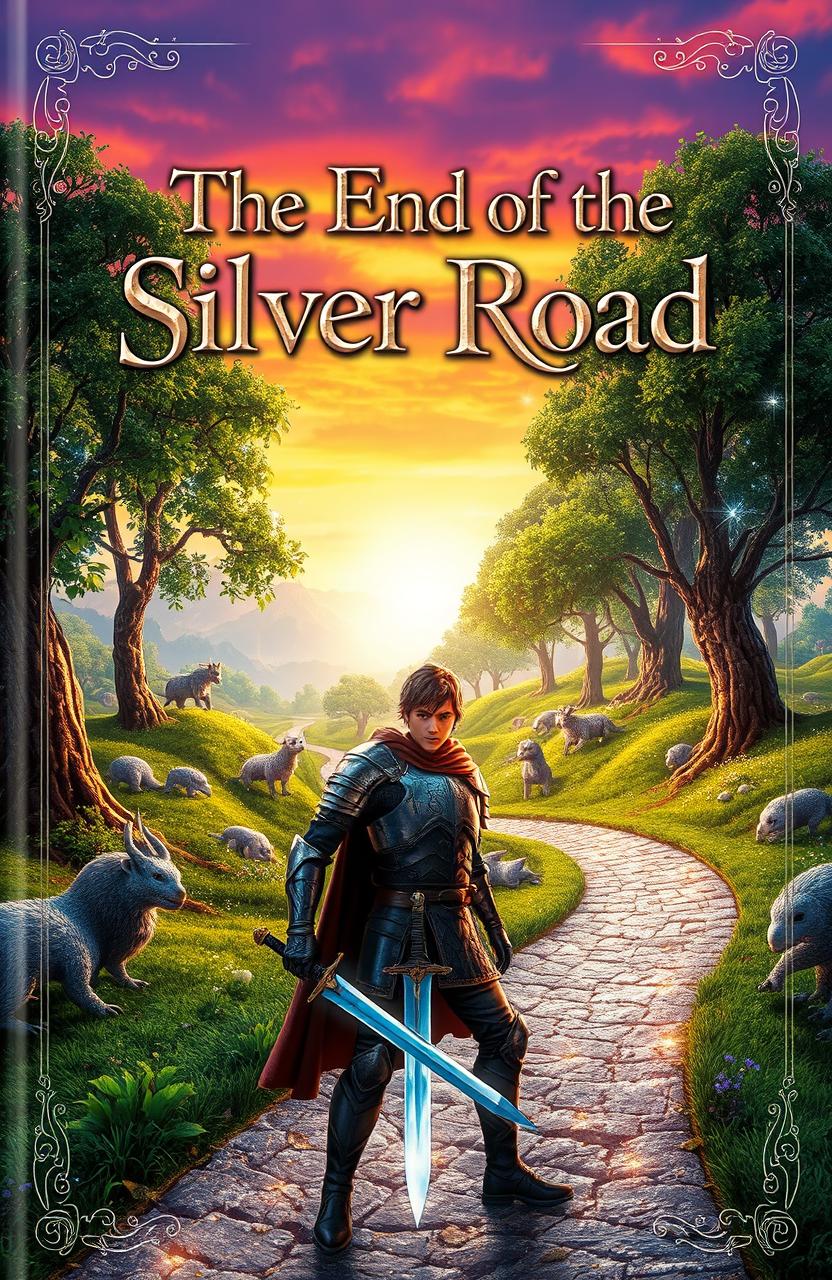 A captivating book cover for "The End of the Silver Road", depicting a fantastical landscape with shimmering silver pathways winding through a lush, enchanted forest