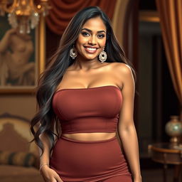 A captivating and alluring Indian woman, tall and elegant with impressive curves, showcasing her ample bosom in a form-fitting, stylish outfit