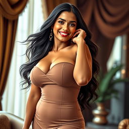 A captivating and alluring Indian woman, tall and elegant with impressive curves, showcasing her ample bosom in a form-fitting, stylish outfit