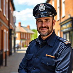 A handsome dark-haired middle-aged British police inspector in a crisp uniform, standing confidently with a slight smile