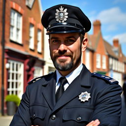 A handsome dark-haired middle-aged British police inspector in a crisp uniform, standing confidently with a slight smile
