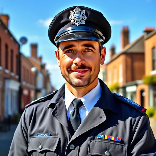 A handsome dark-haired middle-aged British police inspector in a crisp uniform, standing confidently with a slight smile